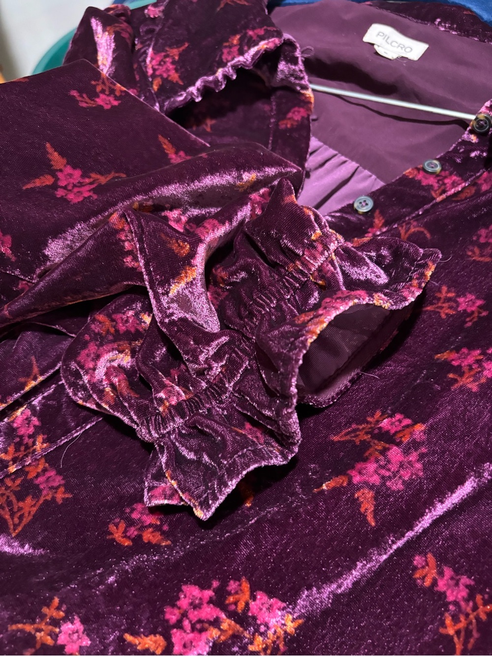 Pilcro ANTHROPOLOGIE velvet KEIRA floral RUFFLE COLLAR top purple ROMANTIC xl - Picture 10 of 11